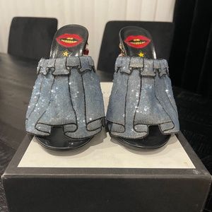 Gucci Mules Ricamo Trompe L'oeil Sweet Sky Blue Size 37